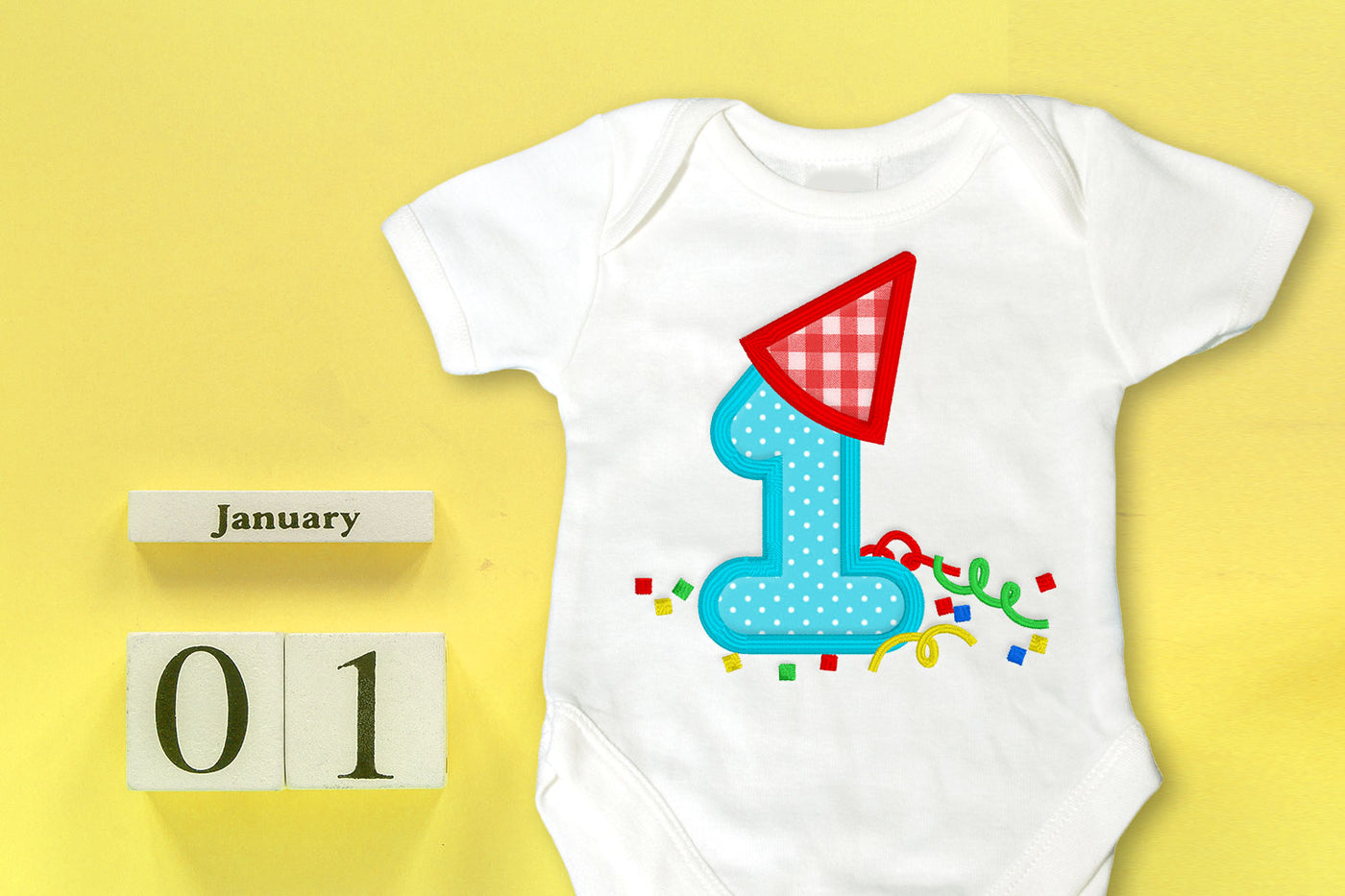 First Birthday or New Year 1 with Party Hat Applique Embroidery File