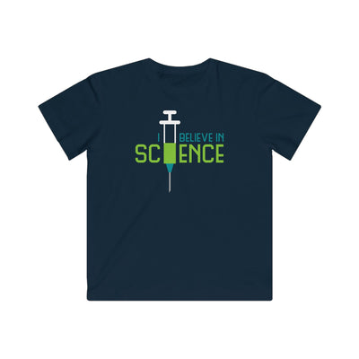 Navy blue t-shirt with 'I Believe in Science' with syringe graphic 