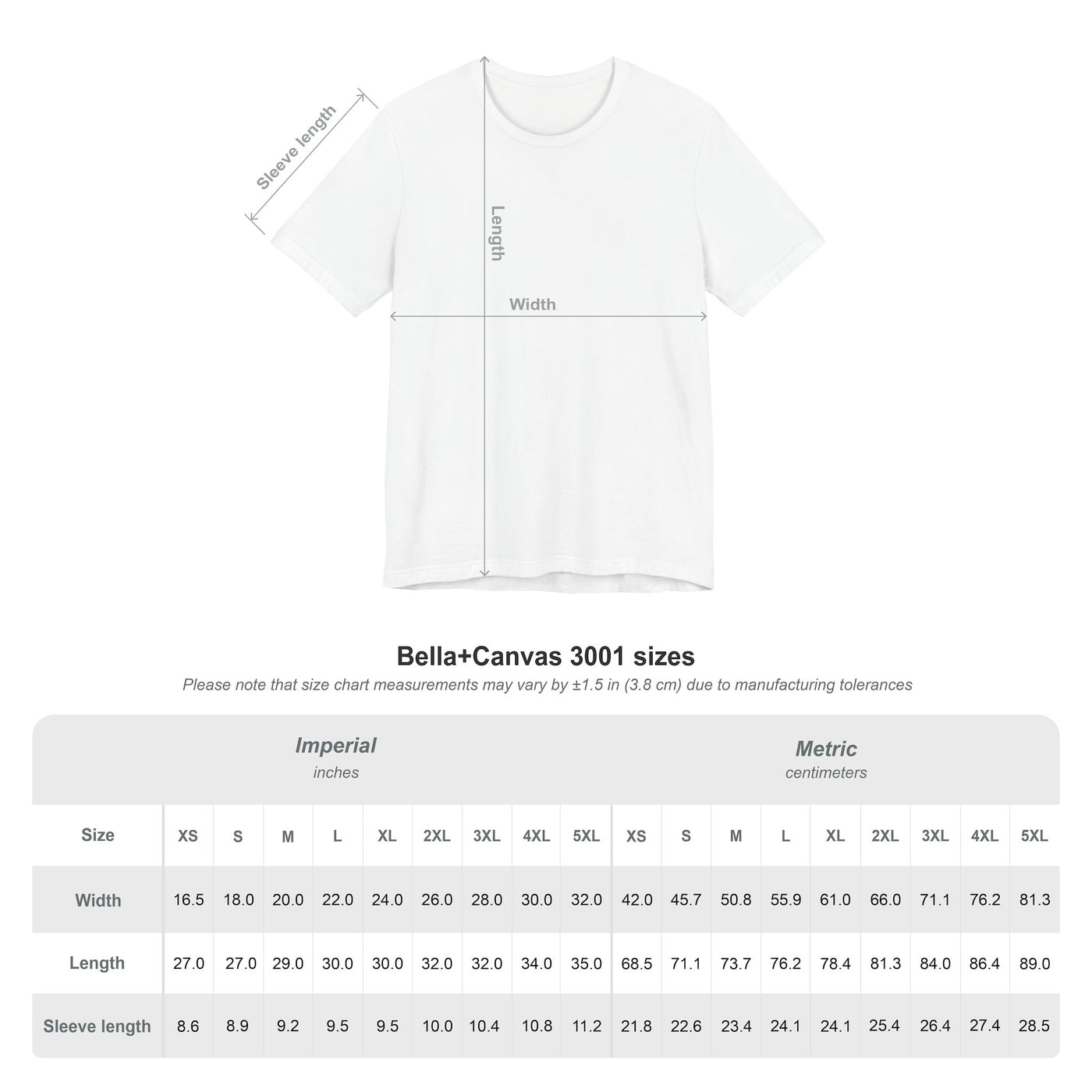White t-shirt with measurement chart on a white background