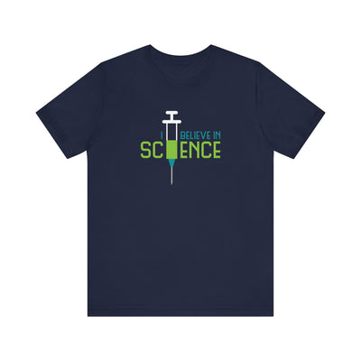 Navy blue t-shirt with 'I Believe in Science' text and syringe graphic 