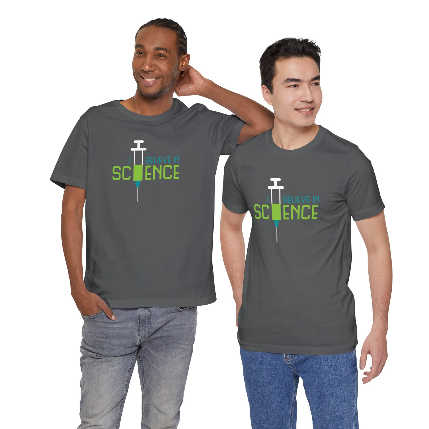 Two men wearing gray t-shirts with a science-themed design 'I Believe in Science' text and syringe graphic 