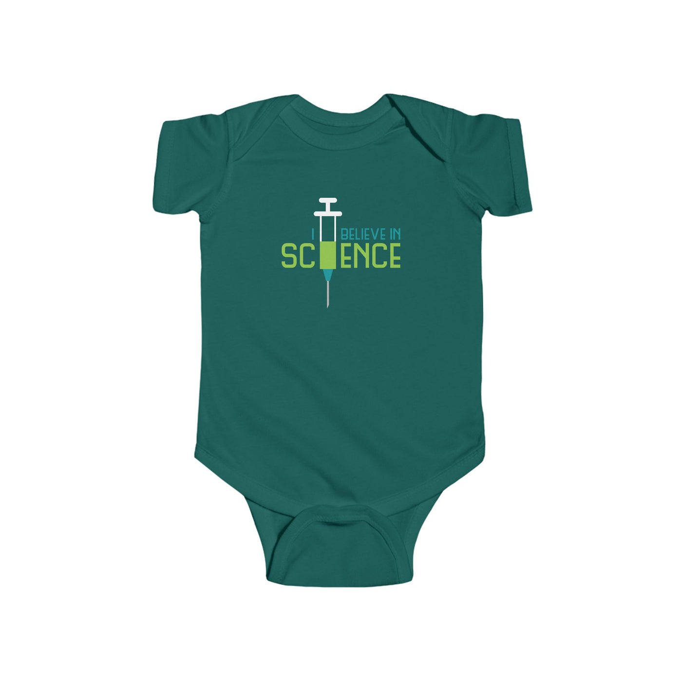Green baby onesie with 'I Believe in Science' text and syringe graphic on a white background