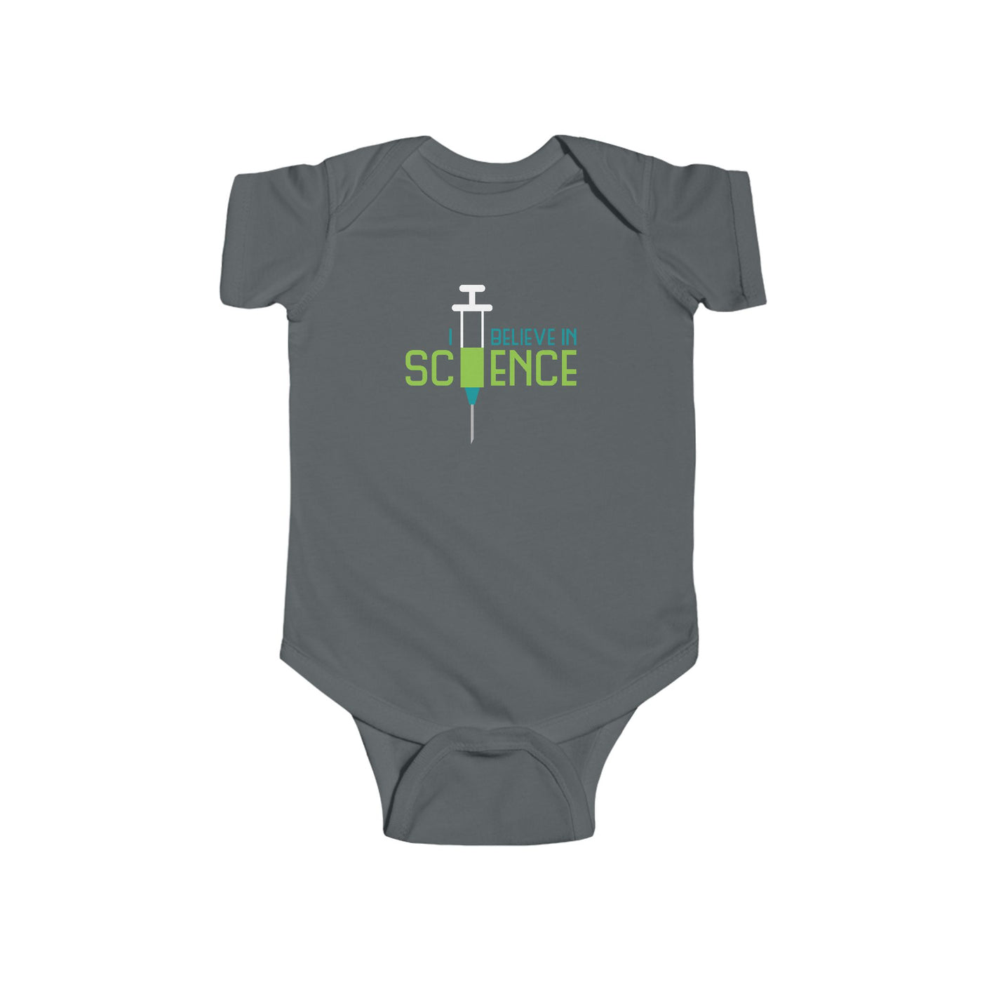 Gray baby onesie with 'I Believe in Science' text and syringe graphic