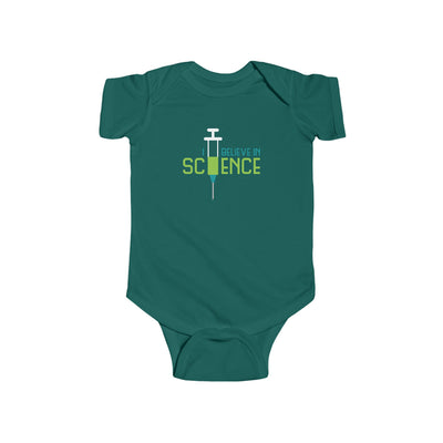 Green baby onesie with 'I Believe in Science' text and syringe graphic on a white background