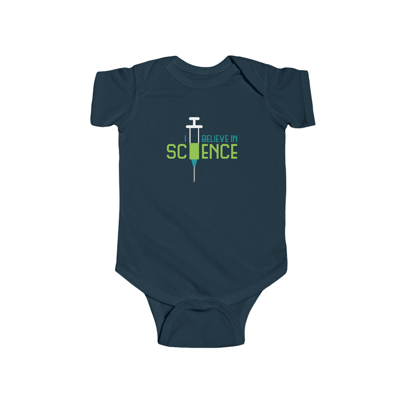 Navy blue baby onesie with 'I Believe in Science' text and syringe graphic on a white background