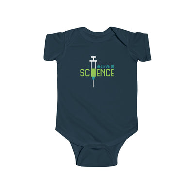 Navy blue baby onesie with 'I Believe in Science' text and syringe graphic on a white background