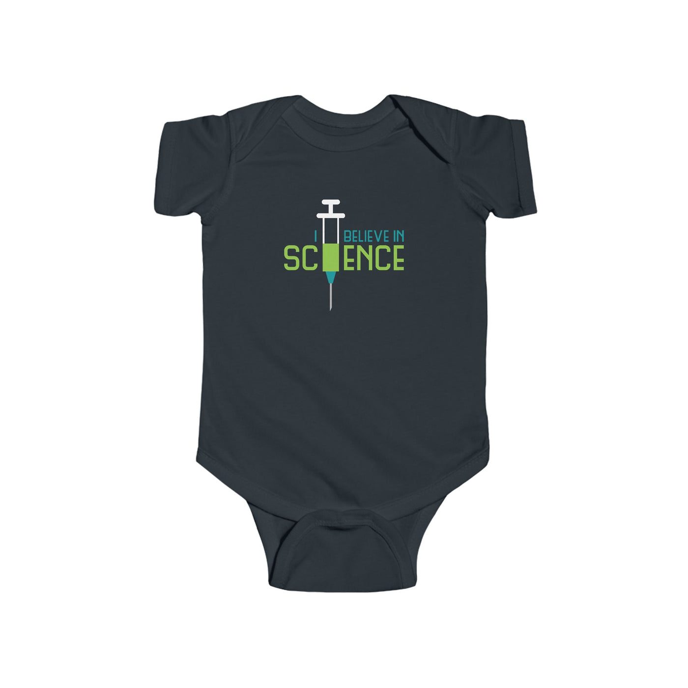 Black baby onesie with 'I believe in science' text and syringe graphic on a white background
