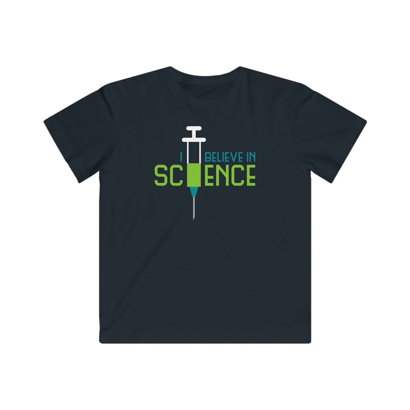 Black t-shirt with 'I Believe in Science' with syringe graphic 