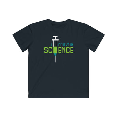 Black t-shirt with 'I Believe in Science' with syringe graphic 