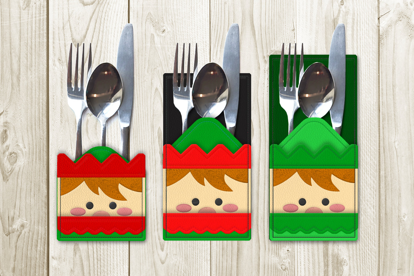 Christmas Elf Face Silverware Sleeve ITH Applique Embroidery