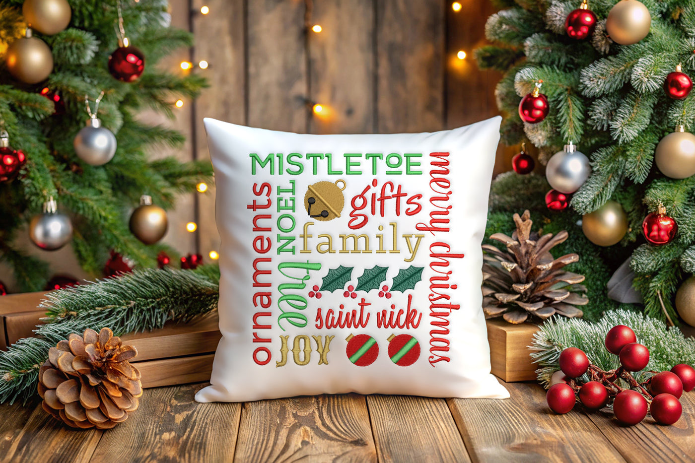 Decorative pillow with Christmas-themed text embroidery in front of a decorated Christmas tree.
