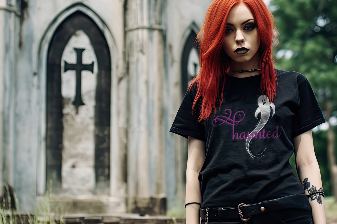 Person with red hair wearing a black t-shirt with 'haunted' embroidery design in front of a gothic building.