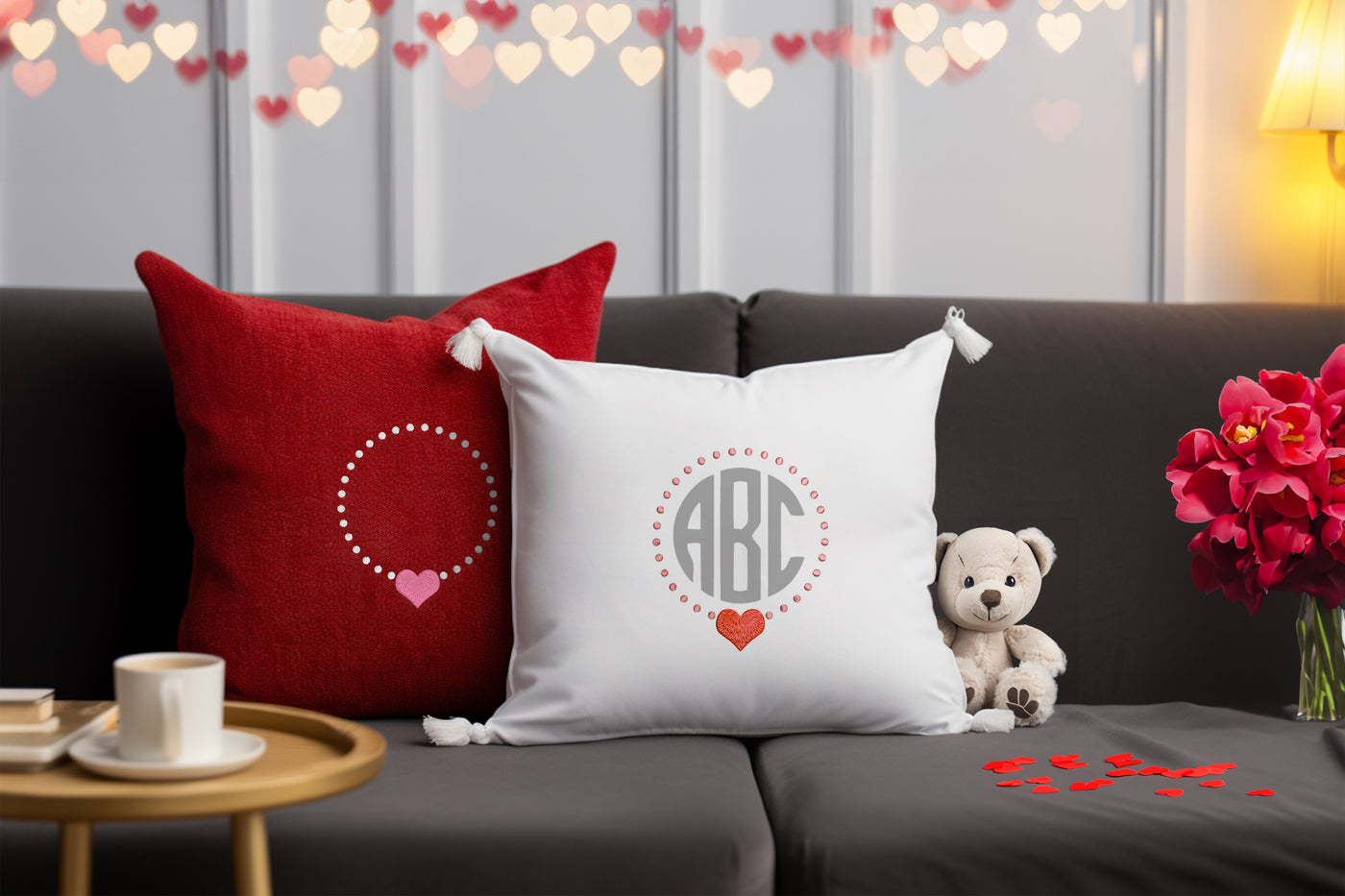 Heart with Dots Round Monogram Frame Embroidery File