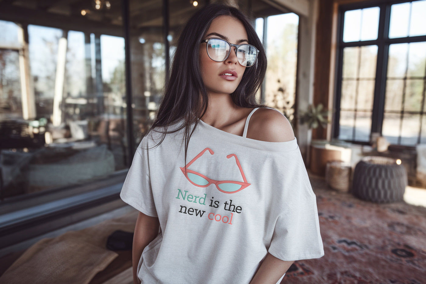 Woman wearing a t-shirt embroidered with 'Nerd is the new cool' text in a modern indoor setting