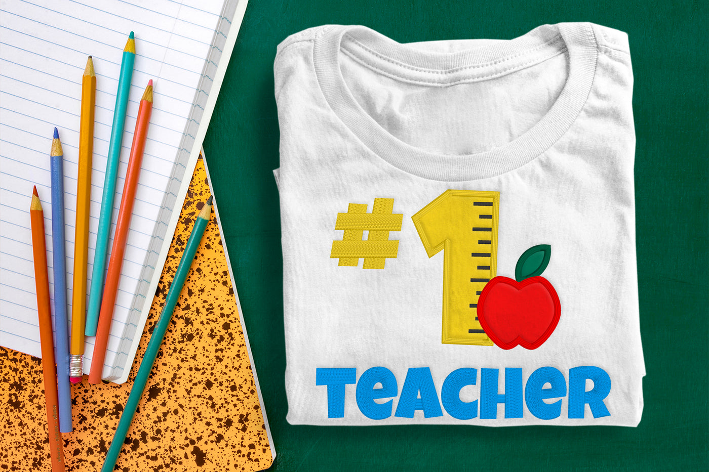 Number 1 Teacher with Ruler Applique Embroidery File