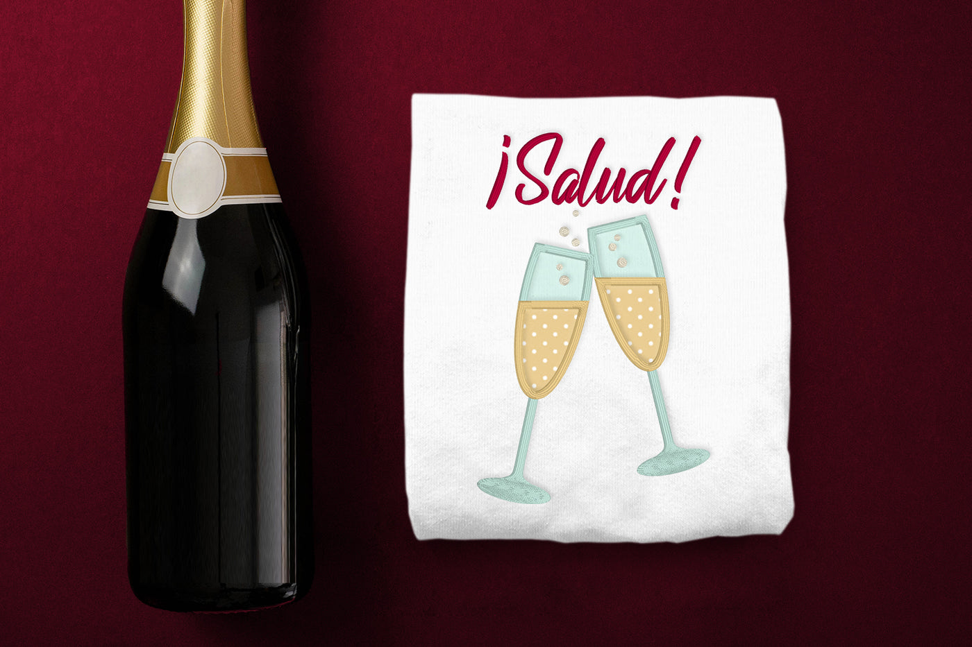 Salud Champán Spanish Toast with Champagne Applique Embroidery