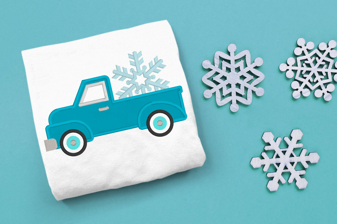 Winter Snowflake Vintage Truck Applique Embroidery File