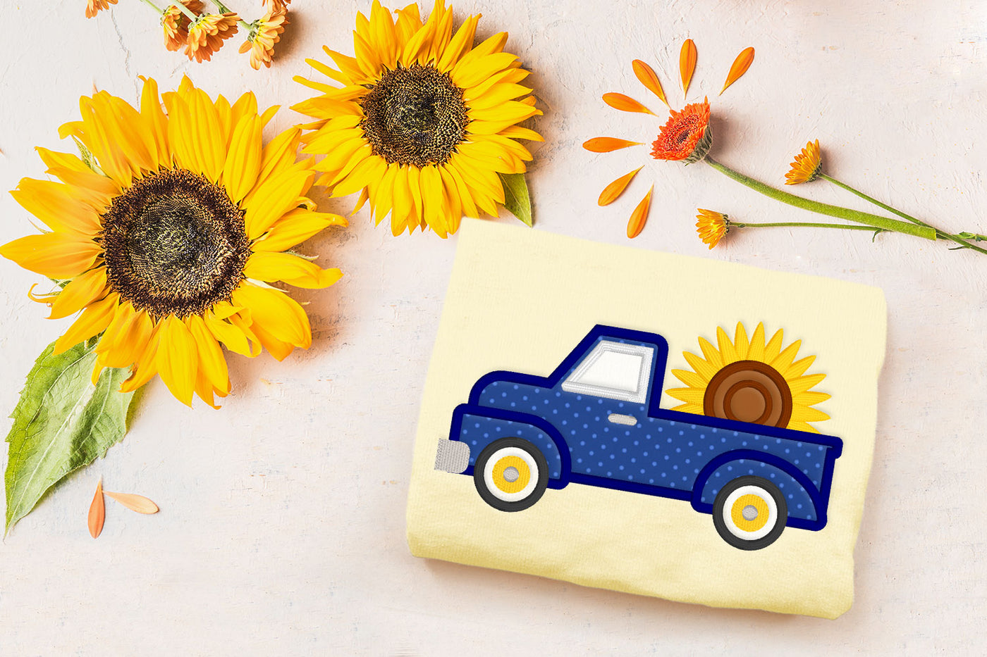 Sunflower Vintage Truck Applique Embroidery File