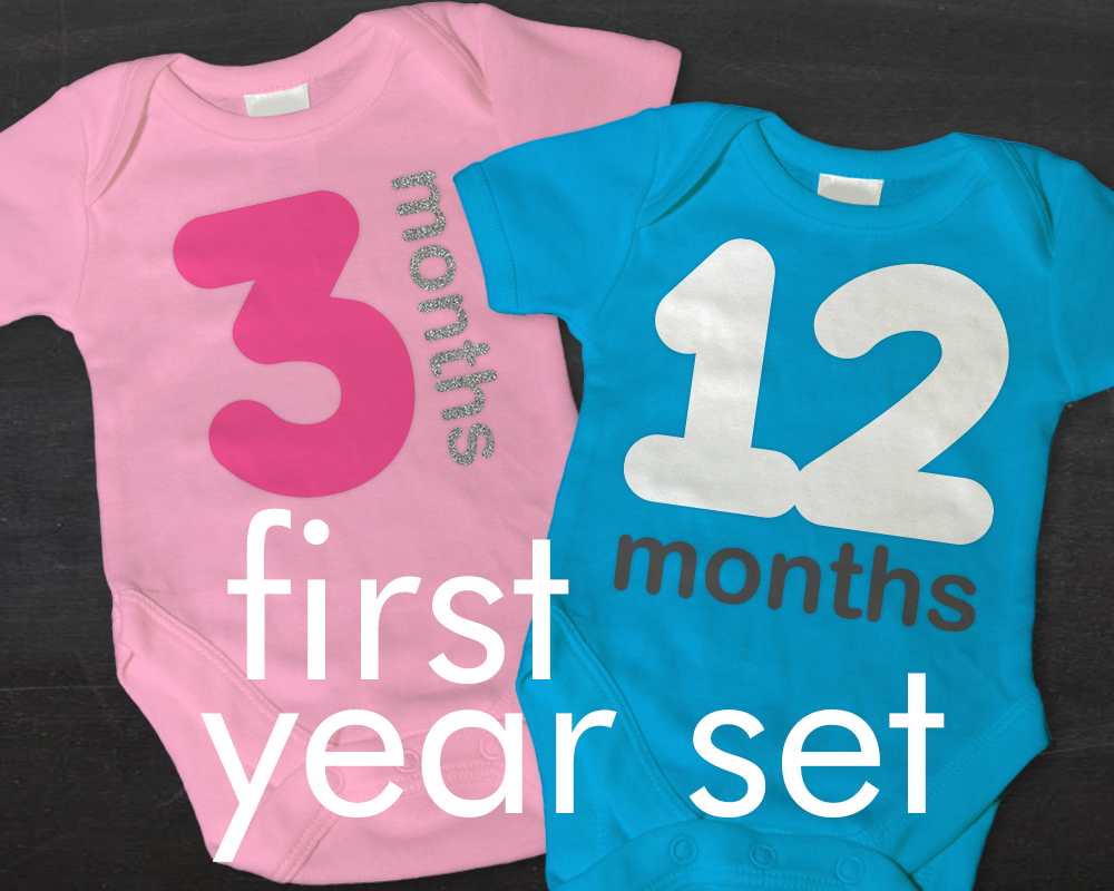 A pink and a blue baby onesie sit on a chalkboard background. The left onesie says 3 months in playful rounded letters, the right onesie says 12 months. On top of the image it says "first year set."