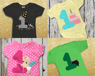 Collage of 4 images. Each features an article of baby clothing with a large 1 on it and a decorative element. The top left has a party hat and confetti, the top right has a 2-tier cake, the bottom left has a baby cupid, and the bottom right has a pot of gold.