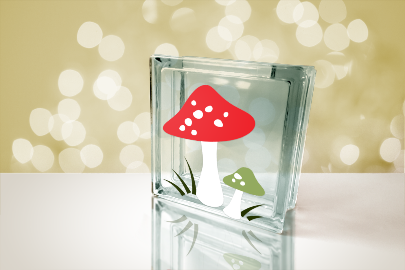 Toadstool design on a glass block