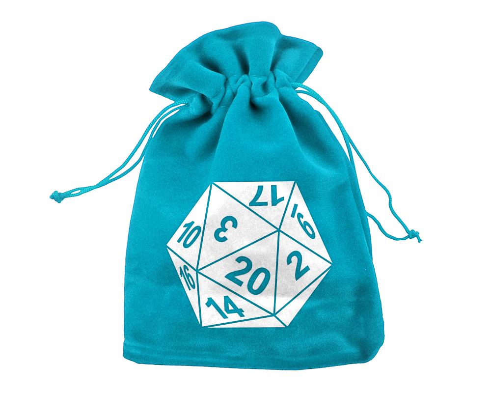A turquoise dice bag with a white single color D20 with the numbers as knockouts.