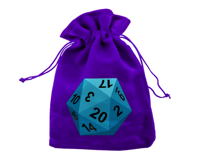 A purple dice bag with a turquoise shaded D20 with black numbers.