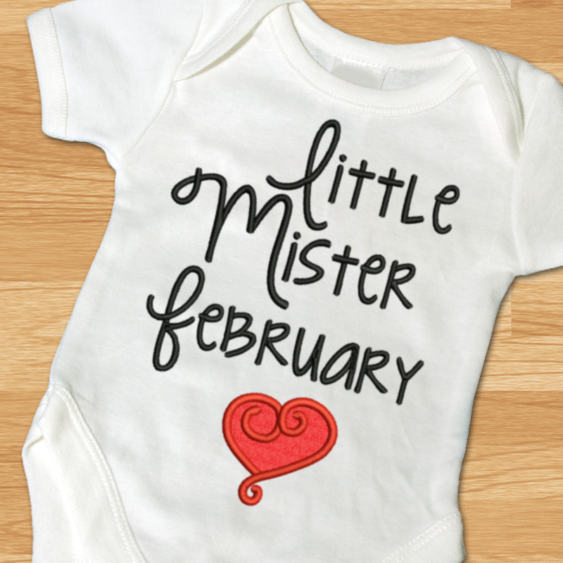 Little mister February applique with swirly heart