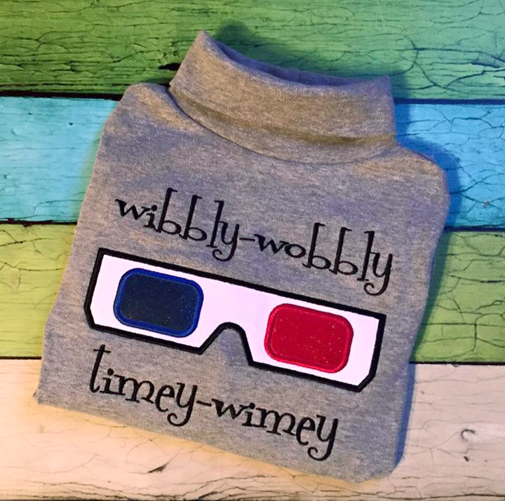 3D glasses applique with the words "wibbly-wobbly timey-wimey"