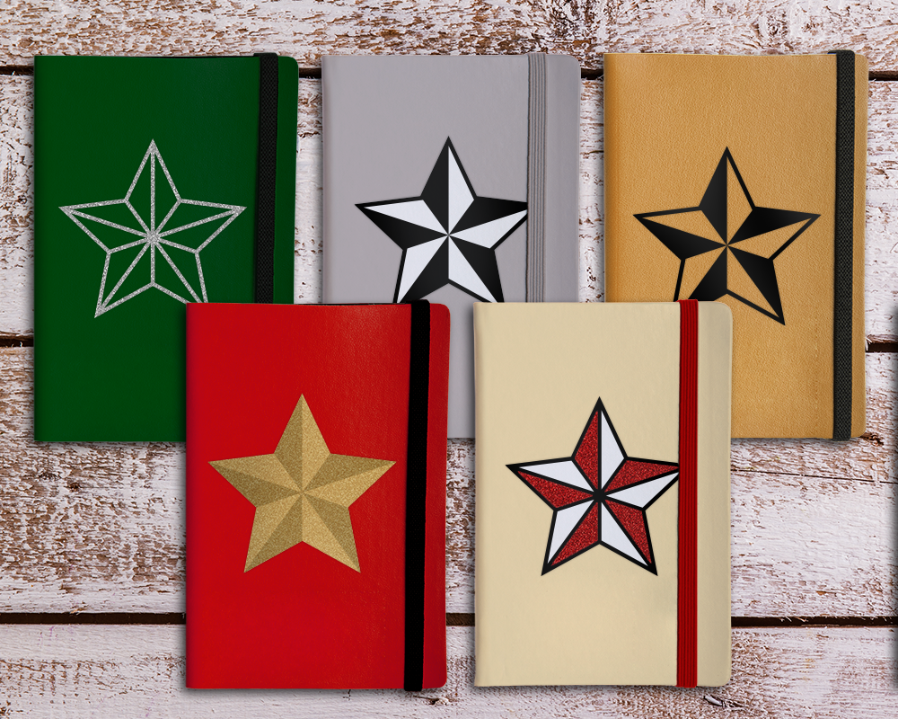 5 notebooks, each with a 5 pointed star with a beveled look.