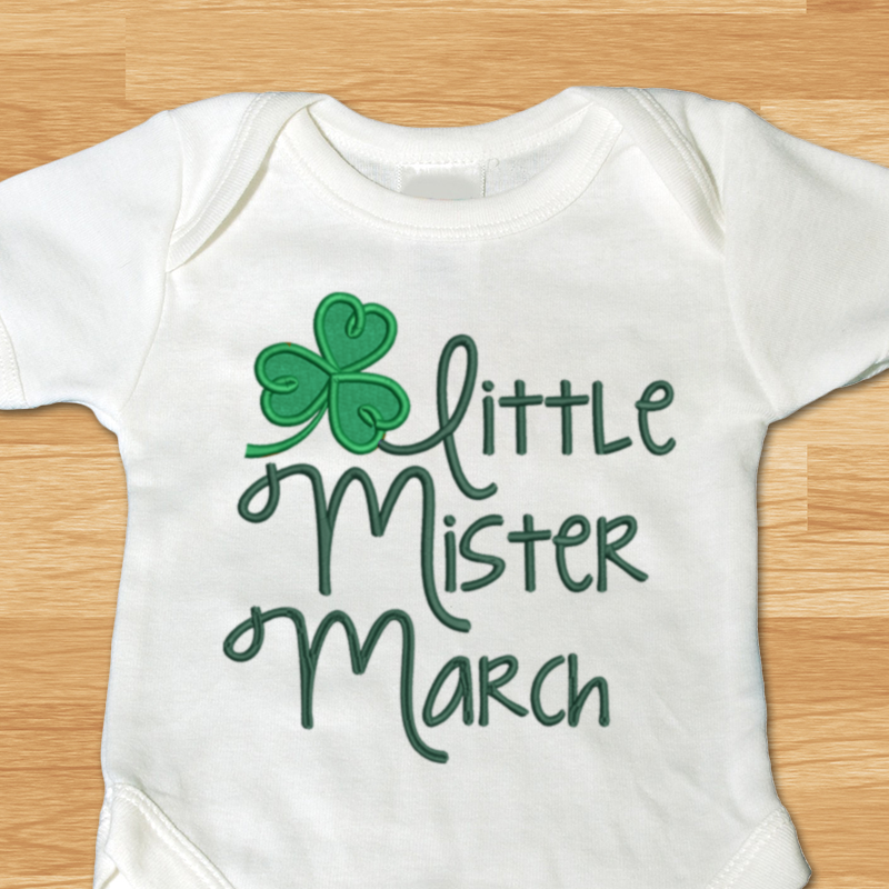 Little mister March applique with swirly clover
