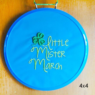 Little mister March applique with swirly clover 4x4