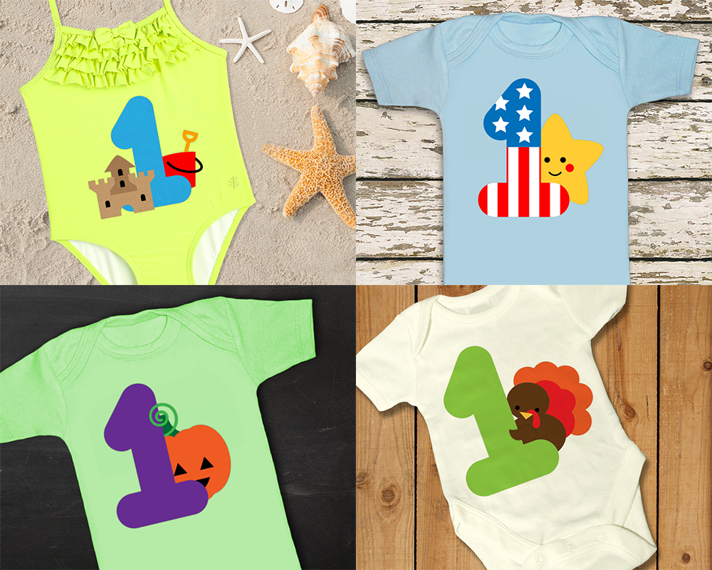 Collage of 4 images. Each features an article of baby clothing with a large 1 on it and a decorative element. The top left has a sand castle and bucket, the top right has a star and stars and stripes applied to the 1, the bottom left has a pumpkin, and the bottom right has a turkey.