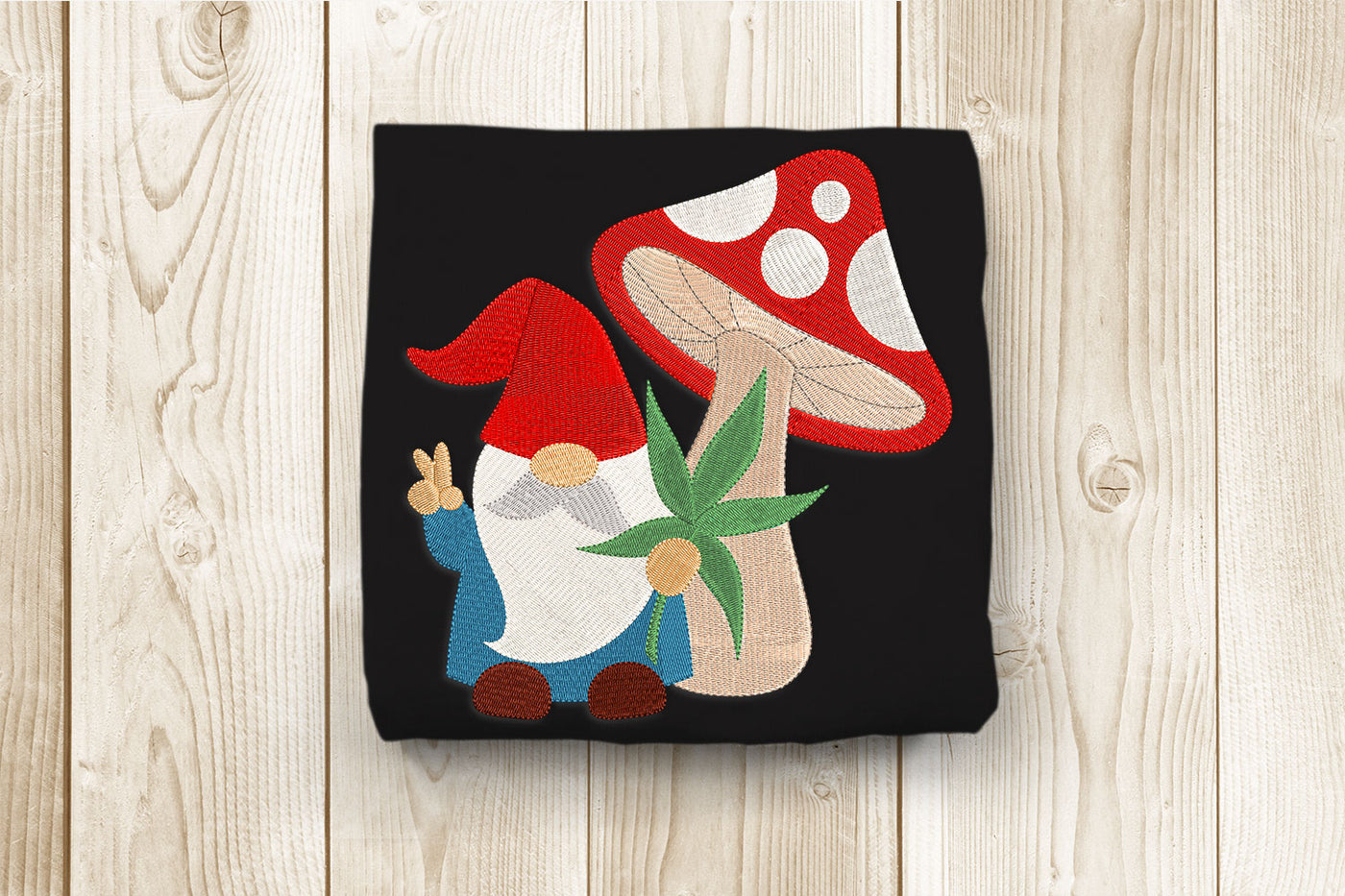 Gnome embroidery holding cannabis standing under toadstool