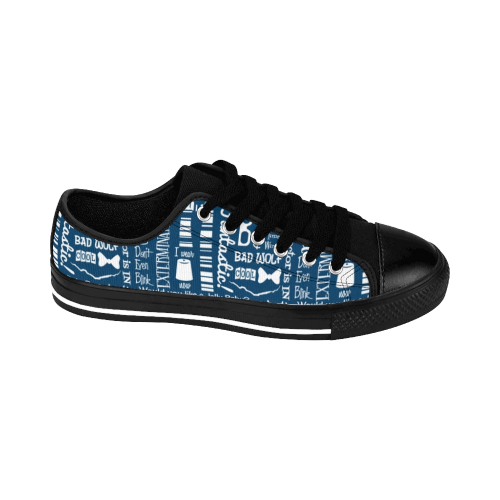 Blue low top sneakers with white time travel theme