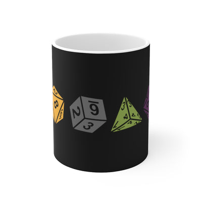 Critical Hit mug with black background and multicolored game dice