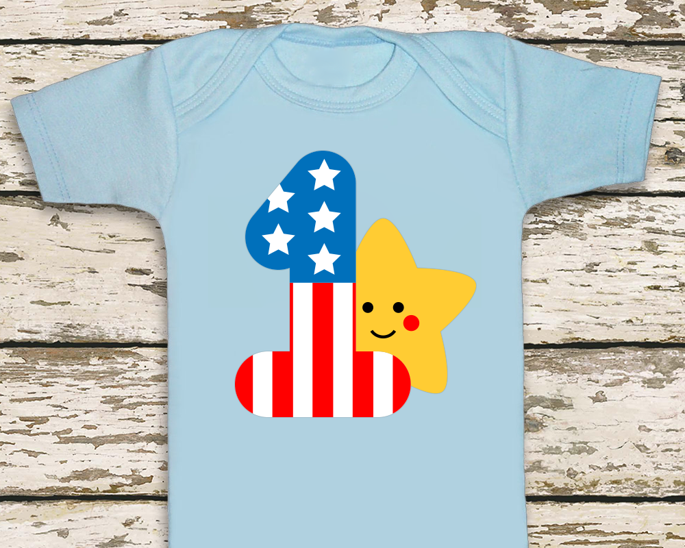 A blue onesie with a large 1. The number has stars and stripes and a smiling star behind it.