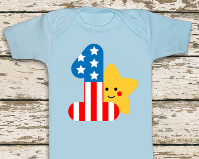 A blue onesie with a large 1. The number has stars and stripes and a smiling star behind it.