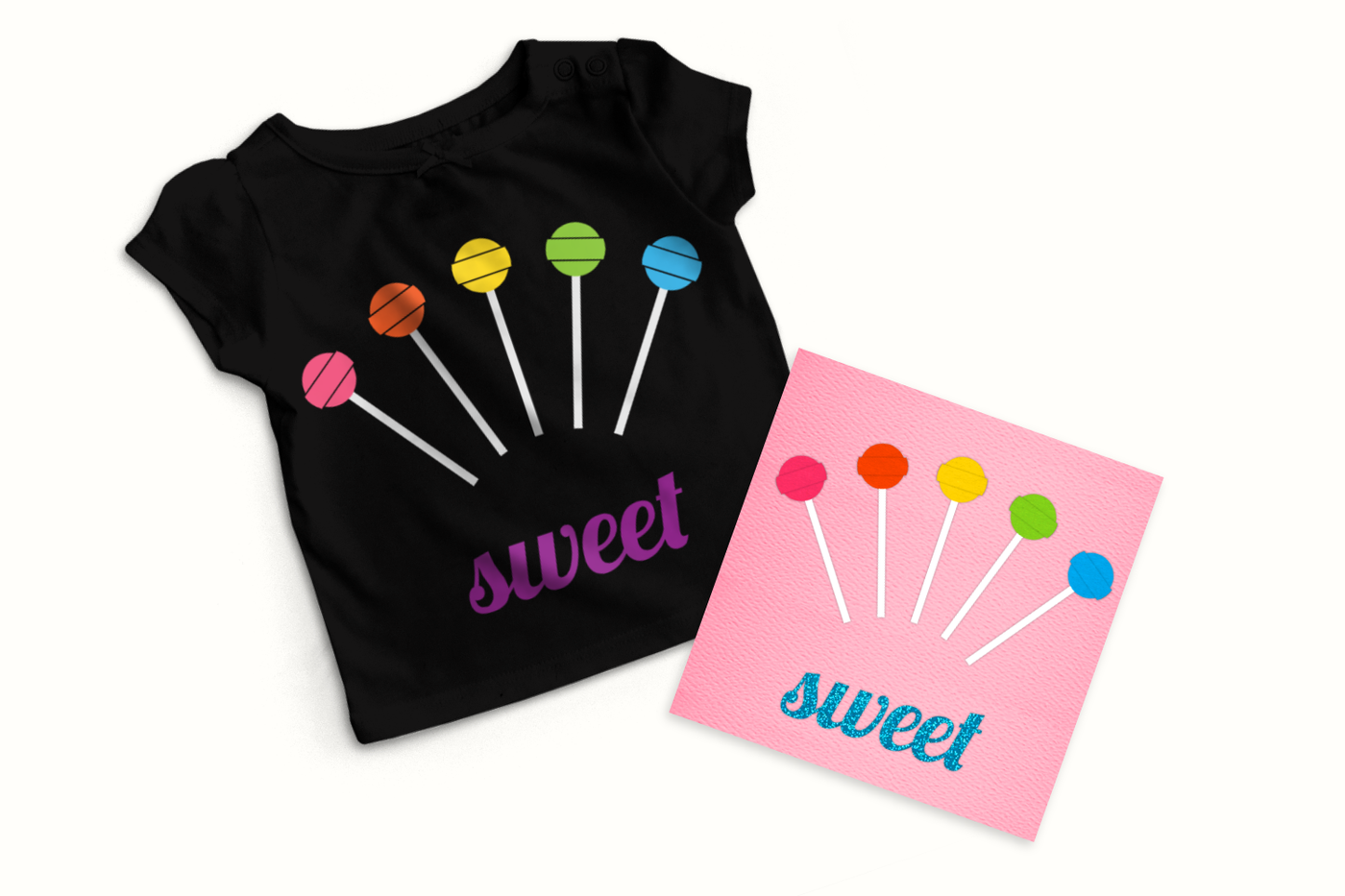 A black child's tee and square pink card sit on a white background. Each has 5 multicolored lollipops fanned out with the word "sweet" underneath. 