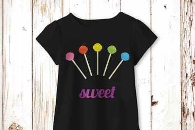5 embroidered lollipops fanned out with the word "sweet" below