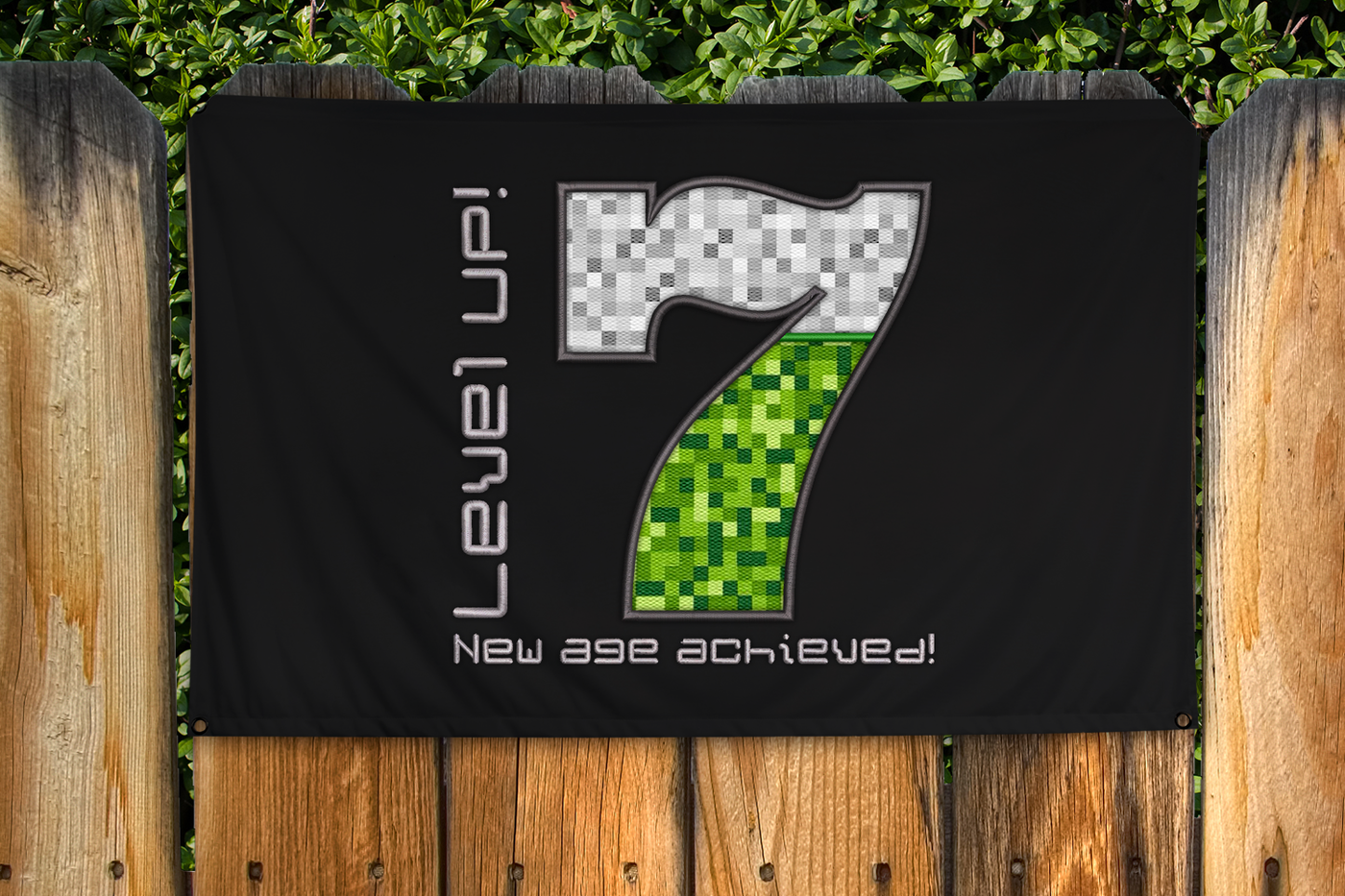 Party flag with large applique 7. Around the number is embroidered "Level UP! New age achieved!"