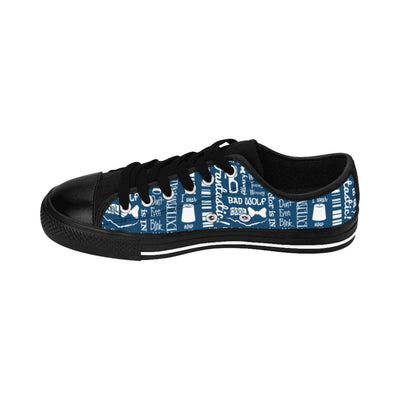 Blue low top sneakers with white time travel theme