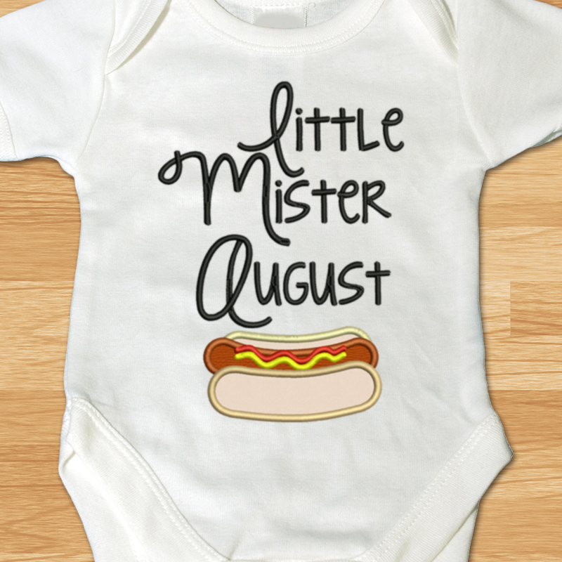 Little mister August applique with hot dog