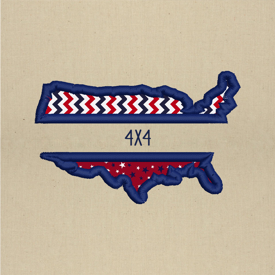 An applique US map with a split in the middle. The stitching is navy blue. The top fabric is white with red and navy chevron. The bottom fabric is red with white and navy stars. The image indicates this is the 4x4 version of the design.