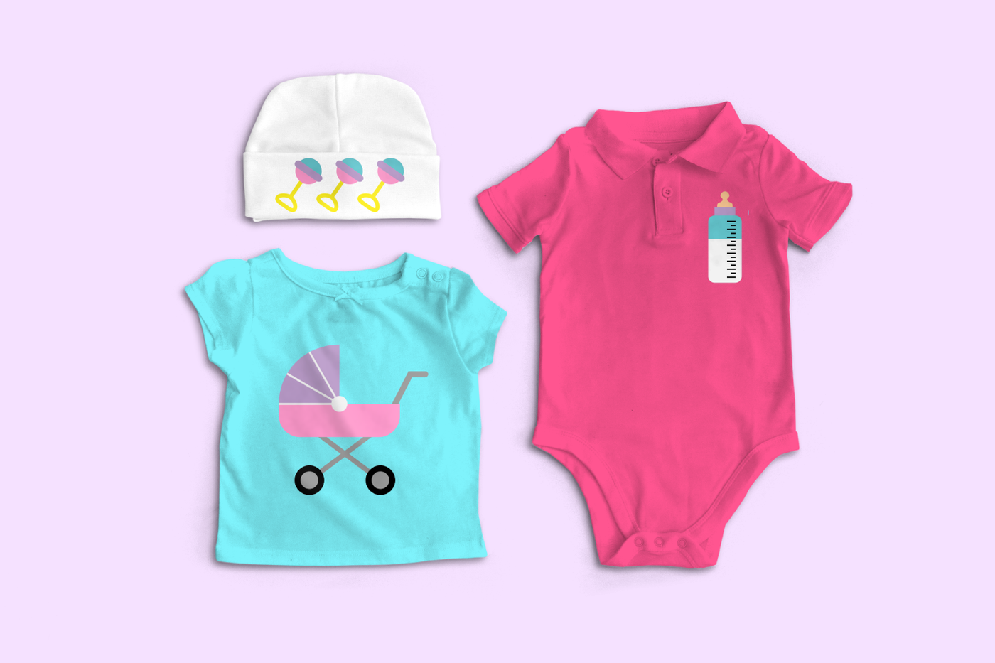 A baby shirt, knit cap, and polo onesie sit on a lavender background. The hat is white with 3 pastel rattles on the brim. The shirt is aqua with a pastel baby stroller. The polo is hot pink with a pastel baby bottle.