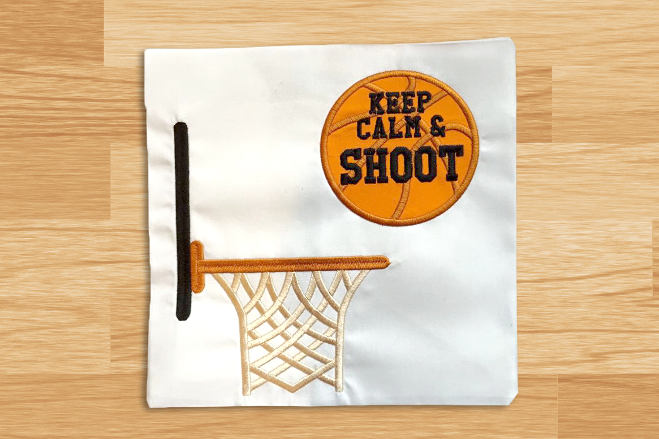 Applique design says "keep calm & shoot" with a basketball heading toward a hoop.