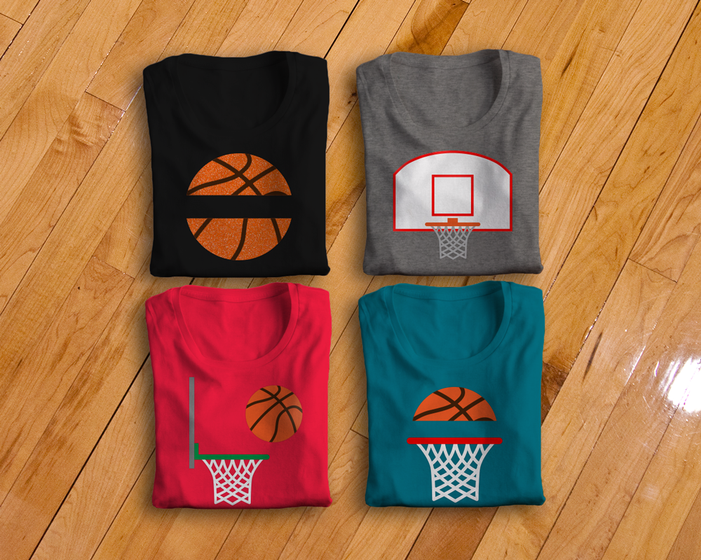 Four folded shirts lay on a basketball court. One shirt has a basektball with a split in the middle, one shirt has a basketball hoop and backboard, one has a ball going into a hoop, and one has a hoop with half a ball above with a split between the ball and hoop.