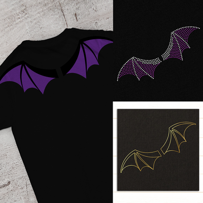 Collage of three different bat wing designs: SVG, rhinestone, and Sketch for Foil quill or pens