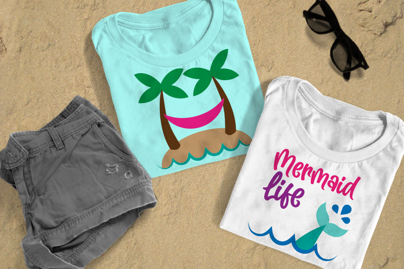 Beach design duo. One design has an island hammock, and the other features a mermaid tail with the phrase "Mermaid life."