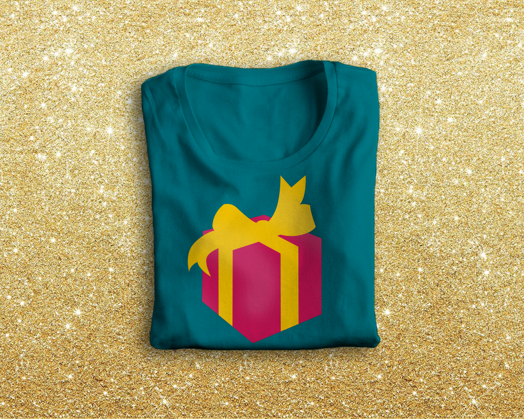 Teal folded tee with a gift box design